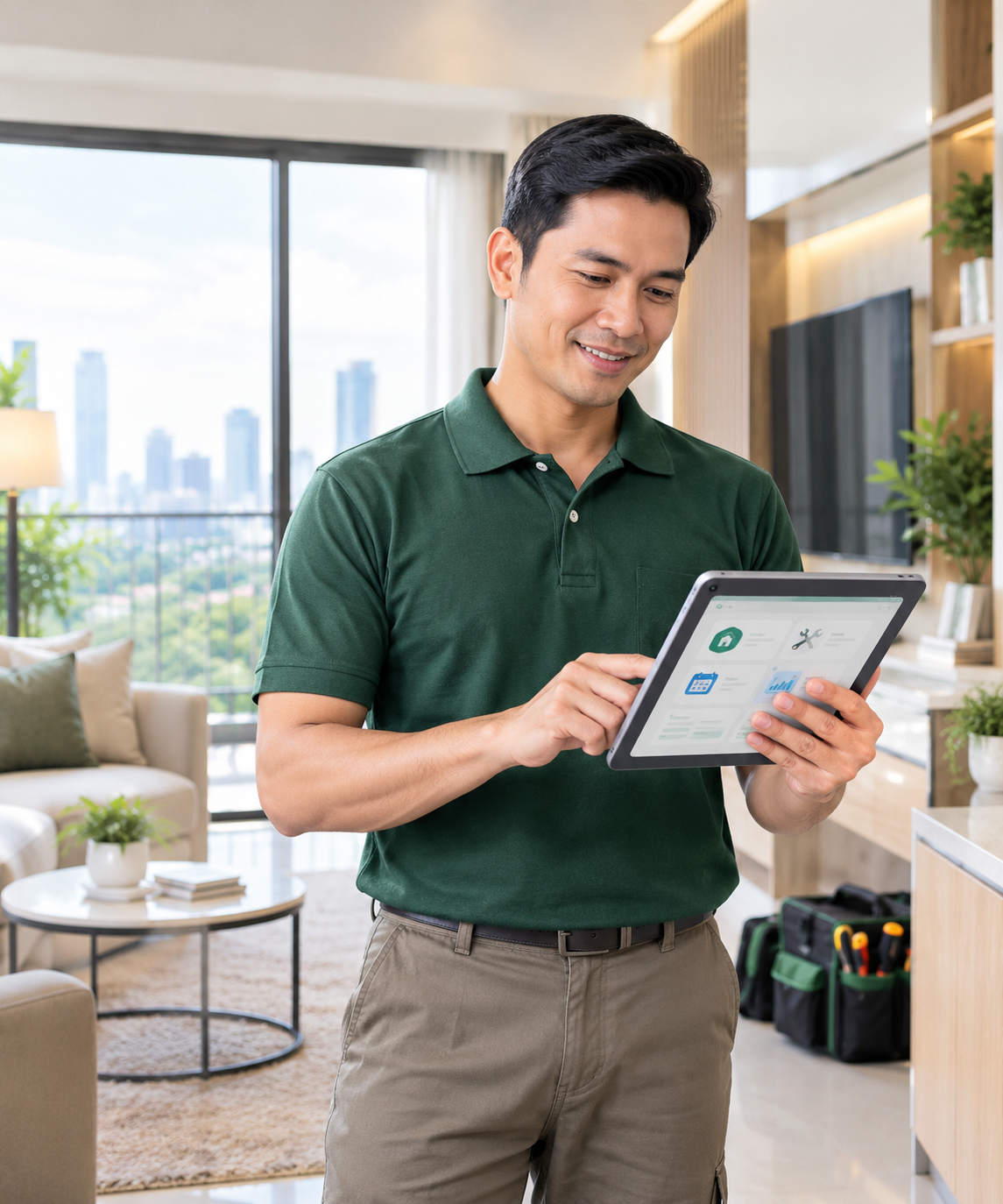 Vendor profesional menggunakan perangkat digital untuk mendukung layanan properti